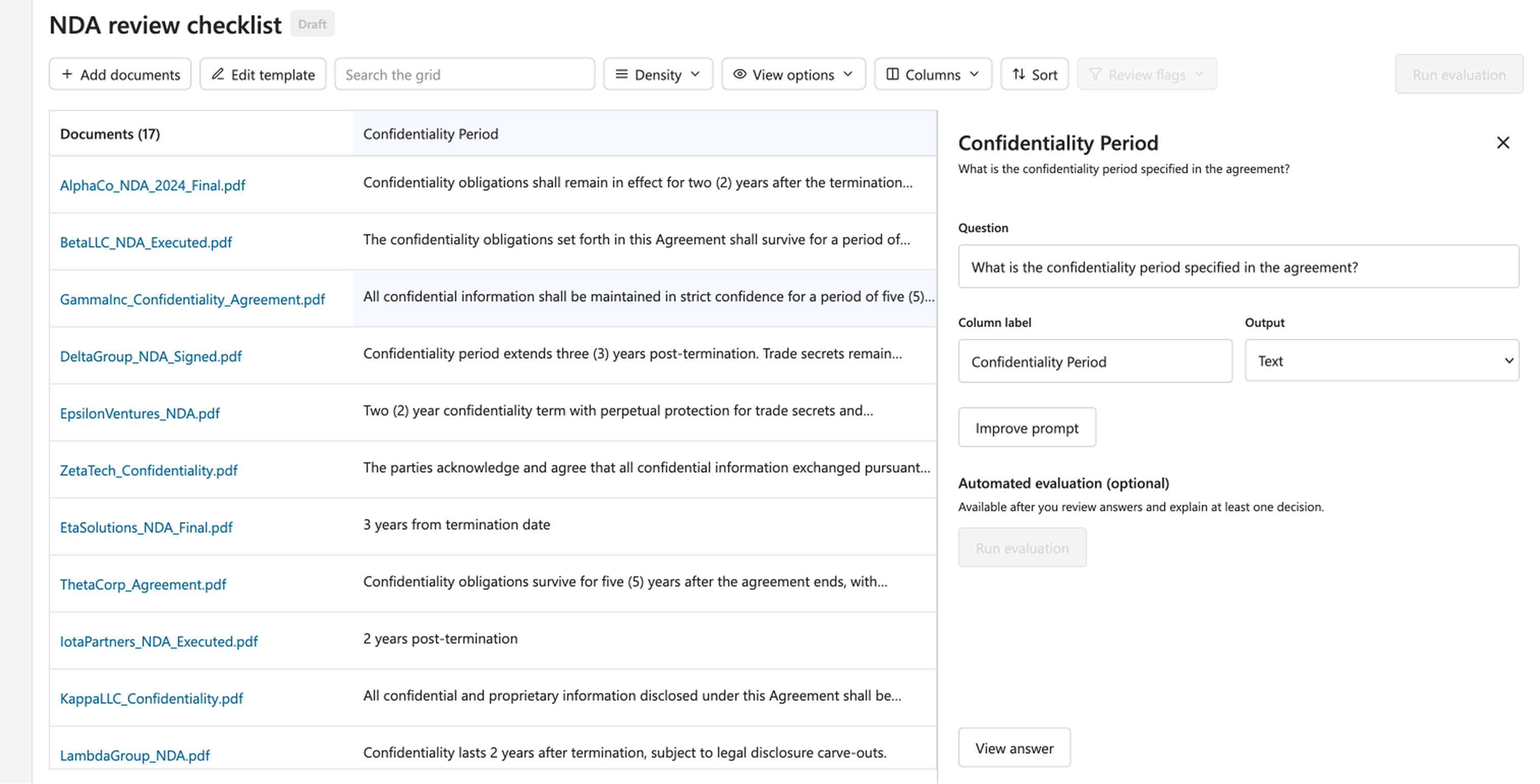 Question details panel showing underlying prompt, column label, and Improve prompt control